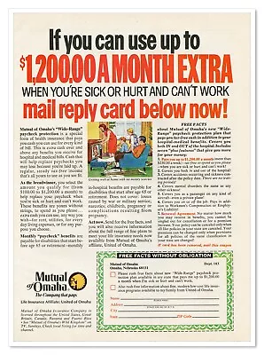 Mutual Of Omaha Health Insurance $1200/Month Vintage 1972 Full-Page Magazine Ad • $7.76