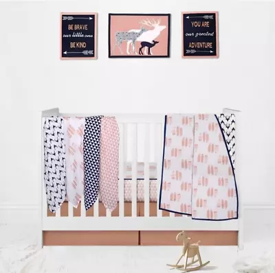 Bacati Crib Bedding Set Buck & Feathers Navy Coral Blanket Sheet New Open • $56.99