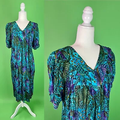 Vintage Teal And Purple Tropical Fish Print Indian Cotton Gauze Dress - Size Med • $59