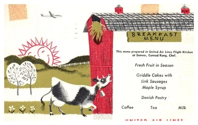 $5.75 • Buy Postcard - United Air Lines, Breakfast Menu 1950's, Denver, Conrad Kung - Chef