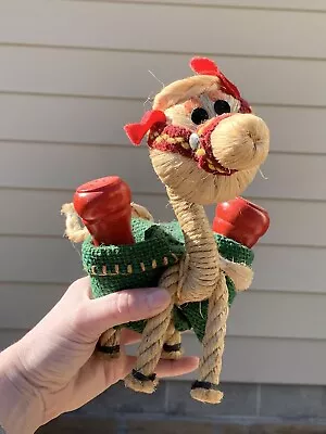 Rope Donkey Wood Salt Pepper Shakers Burlap Saddle Bags Vintage • $12.50