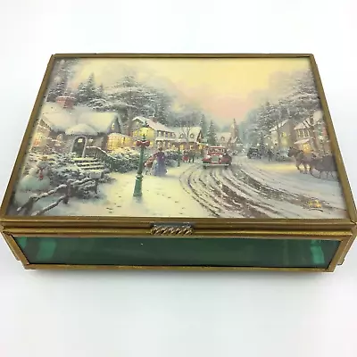 Enesco Green Stained Glass Style Thomas Kinkade Keepsake Box Flip Top Lid Winter • $22.97