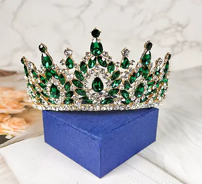 Baroque Vintage Gold Crystal Tiara Wedding Gemstone Green Crown Homecoming • $34.99