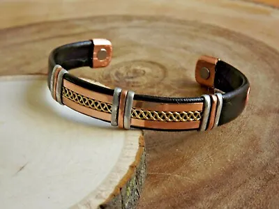 Solid Copper Leather Wrapped Magnetic Bracelet Men Women Energy Pain Copper • $10.95
