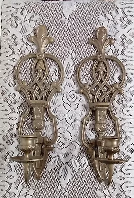 Vintage Wrought-Iron Sconce Taper Candle Holders Fluer -De-Lis Soft Gold Color • $30