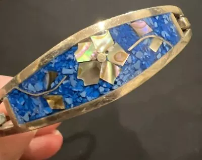 Taxco Mexico Hinged Bangle Mother Of Pearl Abalone Inlay Floral Blue Small Wrist • $9.75