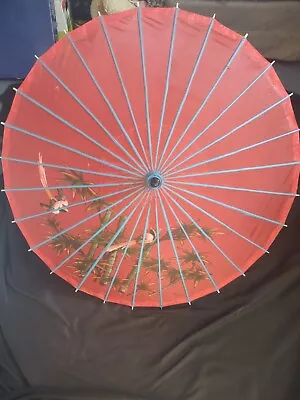 Vtg Hand Painted Oriental Asian Japanese Bamboo Parasol Umbrella Red Birds    F1 • $21.97