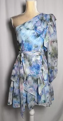 Alex Marie Dress Flare 10P Belted One Shoulder Watercolor Chiffon Blue Green • £63.63