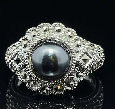 Judith Jack 925 Sterling Silver Marcasite And Black Pearl Ring Size 8 • $59