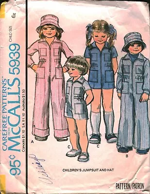 5939 Vintage McCalls SEWING Pattern Girls 1970s Jumpsuit Hat Casual Boys 6X OOP • $5.59