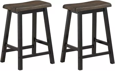 Counter Height Bar Stool Set Of 2 Vintage Solid Wood Saddle-Seat 24-Inch Anti • $121.99