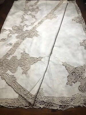 Vintage Italian Tablecloth Rectangular Beige Linen Lace 98” X 64” • $99