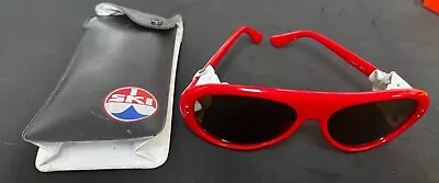 Vintage ISki Powder Sunglasses Leather Blinders Skiing Mirror Red Frame Japan • $69.99