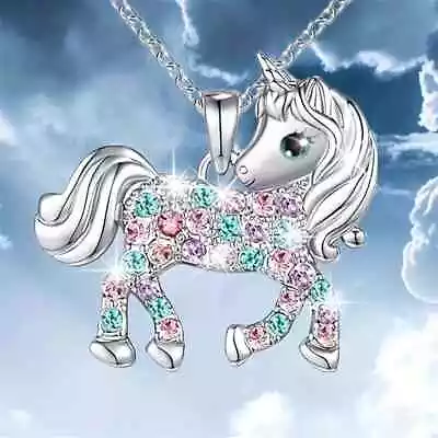 1pc New Creative Colored Artificial Diamond Unicorn Pendant Necklace Birthday P • £3