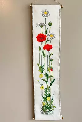 VTG Embroidered Needlepoint Bell Pull Wall Hanging Tapestry Poppies Daisies • $26