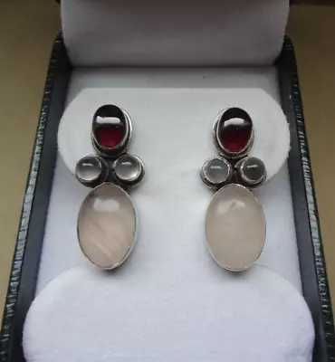 Garnet & Moonstone Sterling Silver Drop Earrings • $19.99