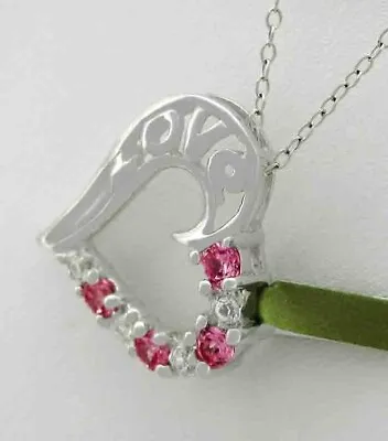 PINK & WHITE SAPPHIRES LOVE HEART PENDANT NECKLACE .925 Silver - NEW WITH TAG • $0.99