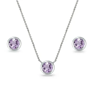 Sterling Silver Amethyst 5mm Round  Solitaire Dainty Necklace & Stud Earring Set • $29.99