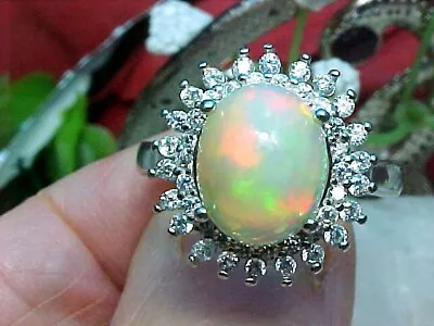 🔥 NATURAL ETHIOPIAN SOLID OPAL RING AAA+++ 12X9.6mm & WHITE SAPPHIRE 925 SS • $44.99