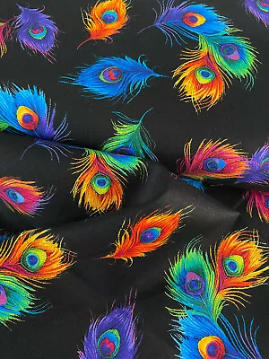 £8.15 • Buy TOSSED RAINBOW PEACOCK FEATHERS By Timeless Treasures 100% Cotton Fabric BIRD
