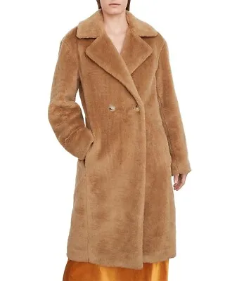 $695 Vince Womens Coat L Sand Shell Faux Shearling Fur Notch Lapel Lined Jacket • $215.99