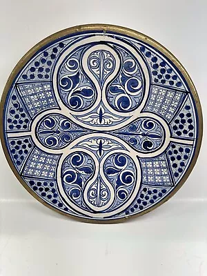 13” Moroccan Bowl- Stoneware Handmade/Hand Painted W/Metal Rim Signed FES-R • $58
