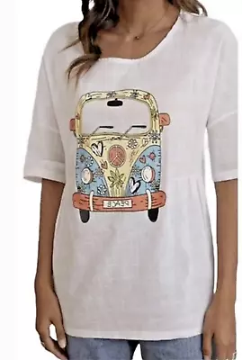 Miss Look Women’s Volkswagen VW Peace Van T-Shirt Size M White Cotton Blend Top • $11.95