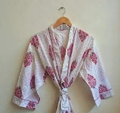 Indian Cotton Pink & White Hand Block Floral Women's Clothing Bath Robes Kimono  • $39.92