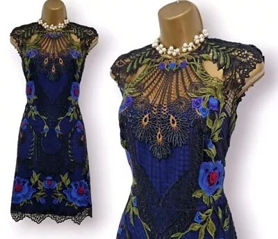 Karen Millen Navy Gold Lace Embroidered Pencil Occasion Dress UK 8 RRP £280 • £69.99