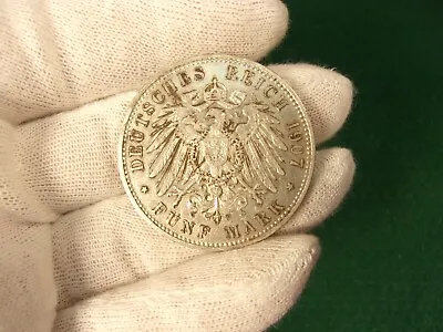 ANTIQUE BAVARIA GERMANY SILVER COIN 1907-D 5 MARK 90% PURE 27.65gr VERY FINE VF? • $88.88