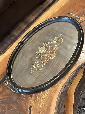 Serving Tray W/ Brass Handles Glass Wood Display Antique Floral Black Brown Read • $29.99