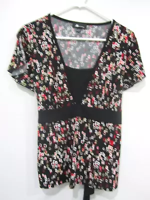 AB STUDIO Top Shirt Blouse Large 10/12 Bust 38-40 Length 25 Black/Multi Modern • $10.99