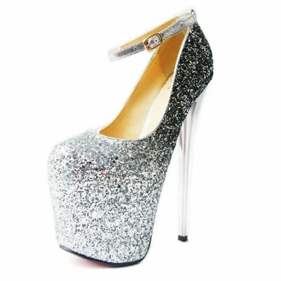 £53.99 • Buy Womens Sequin Glittering Supre High Heels Platform Ankle Strap Buckle Shoes Club