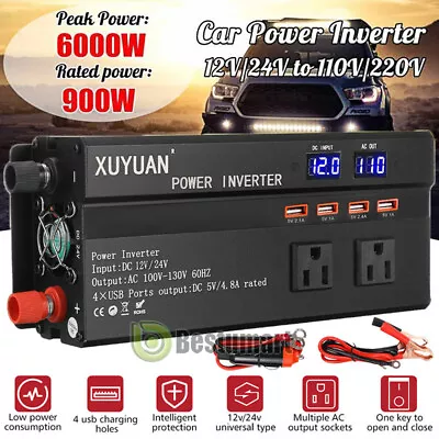 6000W Car Power Inverter DC 12V To AC 110V 120V Pure Sine Wave Solar Converter • $72.83