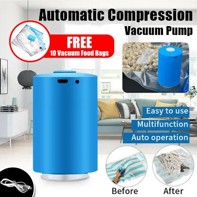 Mini Automatic Compression Air Pump Portable USB Sealer + 10 Reusable Vacuum Bag • $17.99