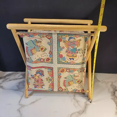 Vintage 1980s Knitting Sewing Caddy Basket Yarn Bag Folding Wood Frame MCM • $19.80