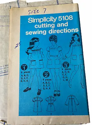 SIMPLICITY 5108 VINTAGE Girls Smock Style DRESS Pattern Size 7 • $9.98