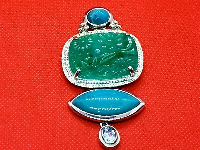 Amy Kahn Russell AKR 925 Sterling Large Carved Aventurine Turquoise Pendant/Pin • $332.17