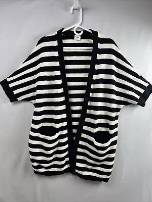 CAbi Whistle Cardigan Womens Medium Black White Striped Short Sleeve Pockets • $17.85