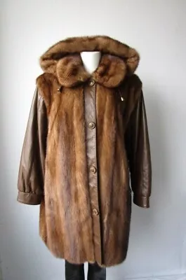 Women's Sz 12 Mink Fur Coat Jacket With Brown Leather And Hood MINT SALE • $250