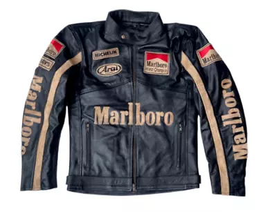 Men Marlboro Leather Jacket Vintage Racing Rare Motorcycle Biker Leather Jacket • $149