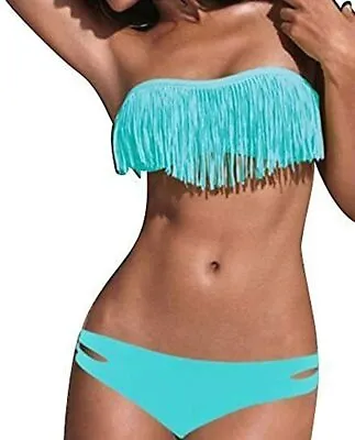 £9.95 • Buy Ladies Lovely Quality Turquoise Fringe Tassels Bikini With Side Split Size 10-12