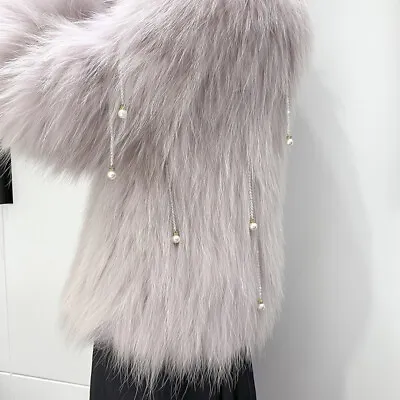 Womens Knitted Raccoon Fur Coats Short Beads Jackets Real Fur Outwear Luxury Sz • $255.79