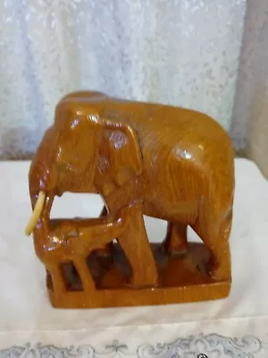 Vintage Hand Carved Solid Teak Wood Mother Elephant With Tusks & Baby Elephant • $24