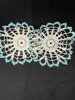 Vintage Handmade Doilies White W/Teal Or Turquoise Trim Set Of 2 Crocheted • $14.99