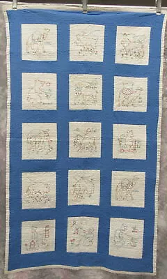 Vintage Baby Youth Child's Hand Embroidered Quilt  Animals Size 32 X 56 • $65