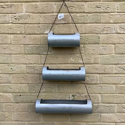 Large Outdoor 3 Tier Rustic Galvanised Metal Hanging/Wall Planter 85x40cm • £48