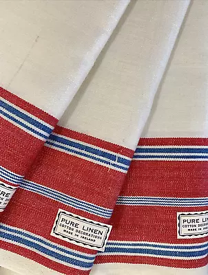 NEW (3) Vintage IRISH LINEN Dish Towels Red Blue Stripe Farmhouse Paper Labe NOS • $34.99
