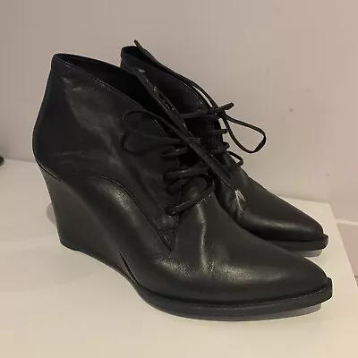 Eos By Jo Mercer Black Boots Size 39 8 Leather Wedge Heel Lace Up • $24.99
