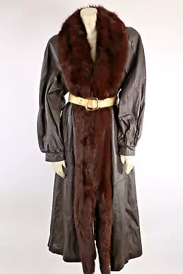 Vintage Brown Leather Fox Fur Collar Belted Long Trench Coat Size L • $169.99
